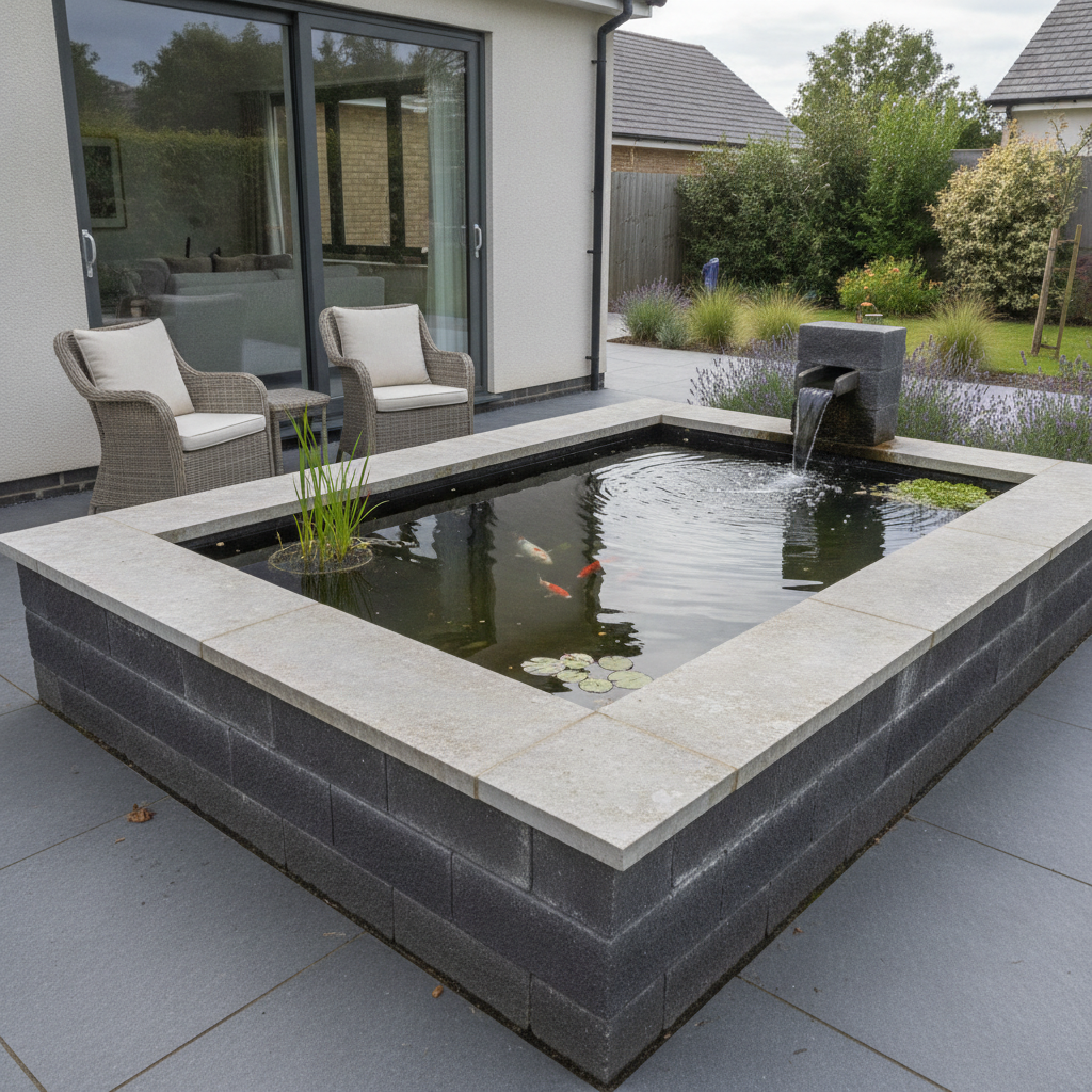 AI pond design generator result: a raised rectangular patio pond built from dark charcoal split-faced blocks with a broad pale stone coping wide enough to sit on, koi below the surface, rushes in a submerged basket and rattan chairs on the paving beside it.