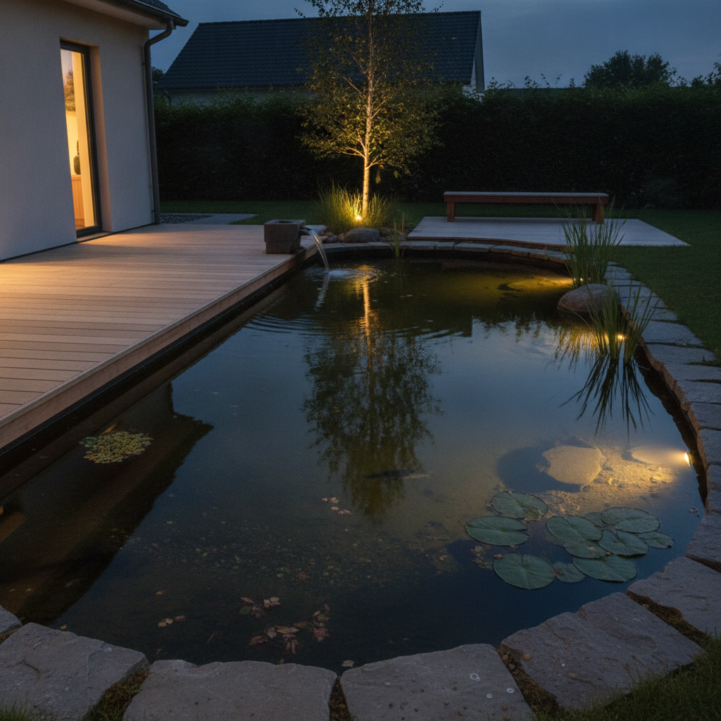 AI pond design generator result: a planted pond at blue dusk with warm light washing out from under a timber deck, an uplit birch laying a reflection straight down the water, underwater lights glowing at the far margin and lily pads catching the light along their edges.