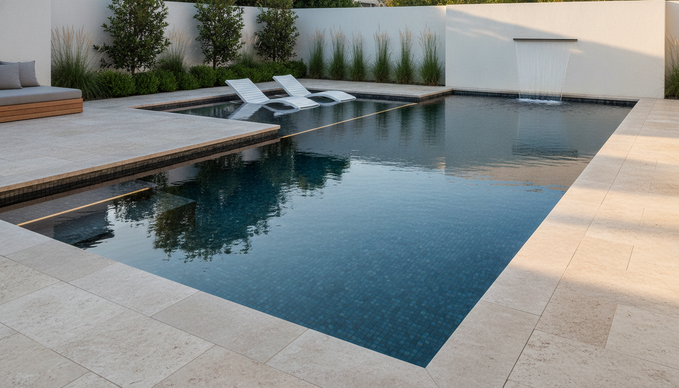 AI pool design generator result in a modern rectangular style: a geometric pool lined in dark charcoal glass tile with a wide sun shelf, pale limestone coping, a broad travertine deck and a sheet waterfall spilling from a rendered white garden wall