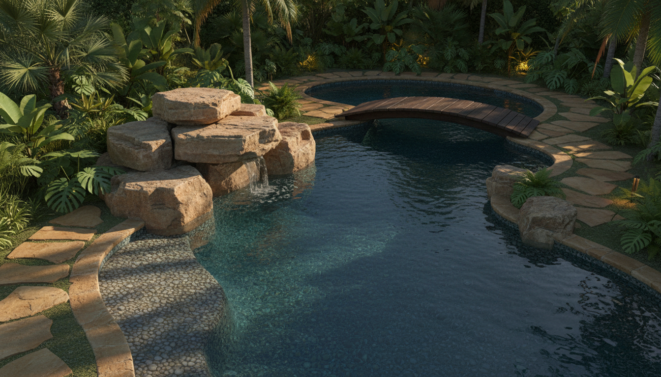 Natural lagoon pool generated by AI: an irregular freeform pool finished in dark blue-green pebble aggregate with stacked sandstone boulders, a small waterfall, a shallow beach entry and flagstone paths winding through palms and tree ferns