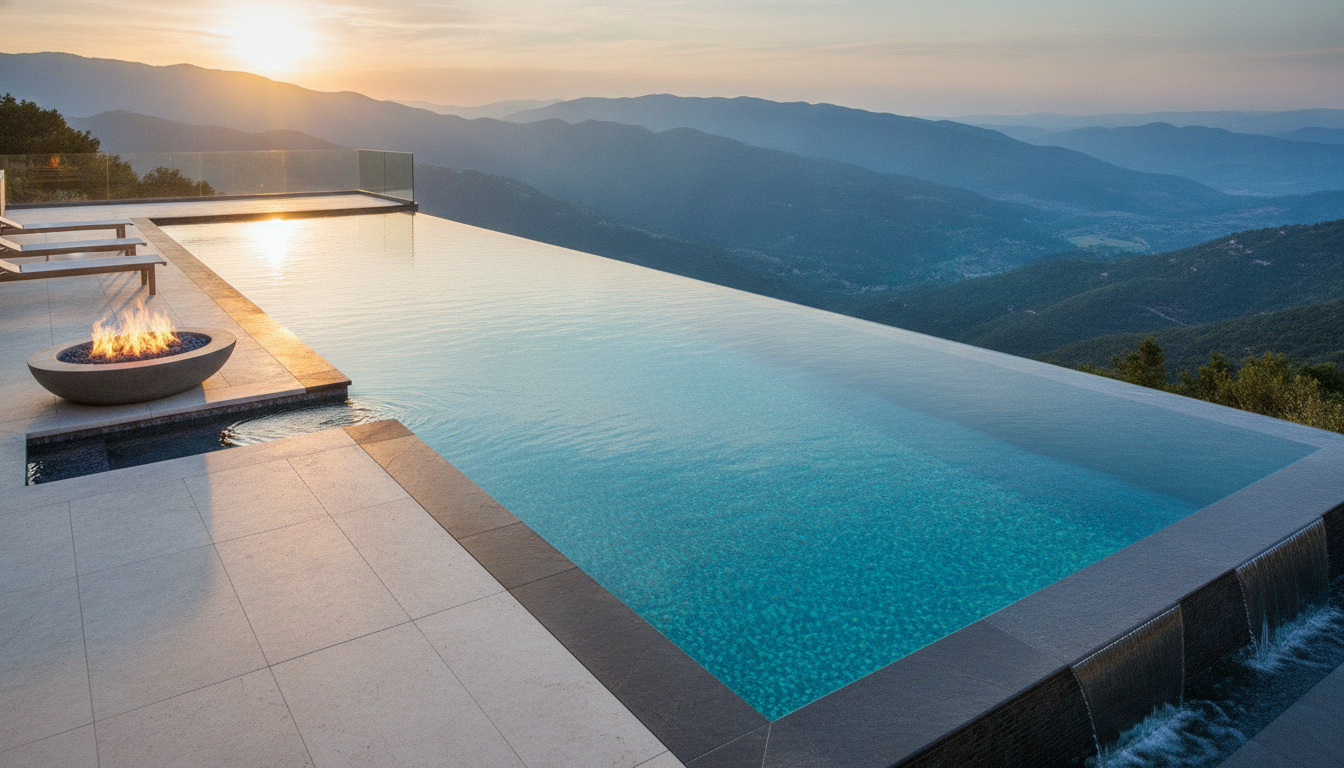 Infinity edge pool from the AI pool design generator: a long rectangular pool with a vanishing edge spilling over dark stone, bright turquoise water, a honed limestone deck with slim loungers and a fire bowl, overlooking a hazy blue mountain valley at sunset