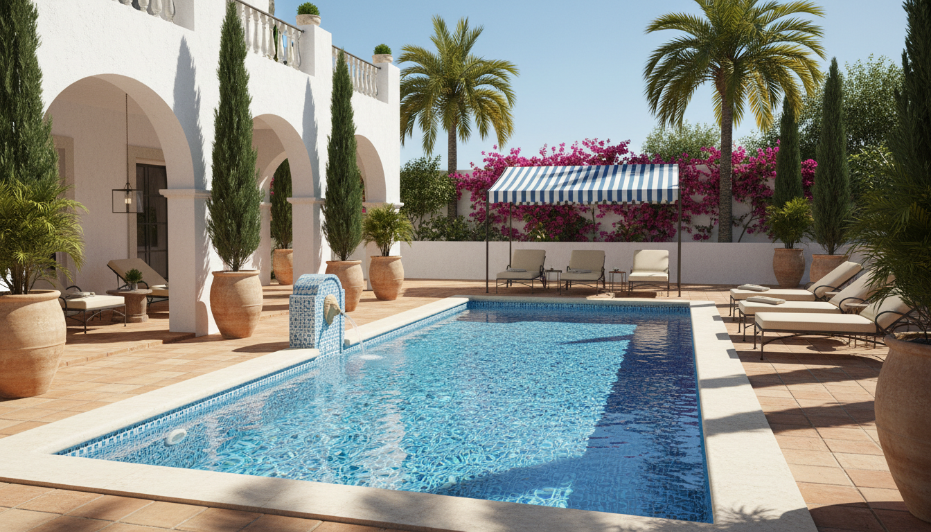 Mediterranean resort style pool designed with AI: blue and white patterned mosaic tile, terracotta and cream paving, a whitewashed arcade of rounded arches, cypress trees and date palms, canvas loungers under a striped awning and hot pink bougainvillea