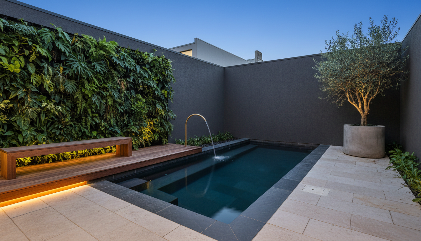 Compact plunge pool created by the AI pool design generator: a short deep pool in dark slate tile filling a small walled courtyard, a raised timber deck, a green wall of ferns on a charcoal render, a brass water spout and warm strip lighting at blue hour