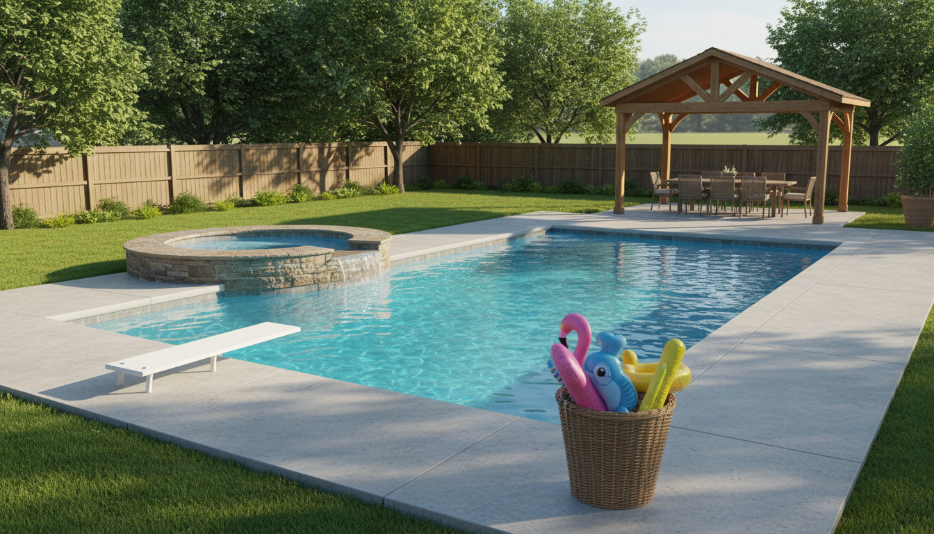 Classic family pool with spa generated by AI: a rectangular pool with rounded corners and bright aqua water, a raised stacked-stone spa spilling into it, brushed concrete decking, a timber pergola over an outdoor dining table and a lawn edge behind