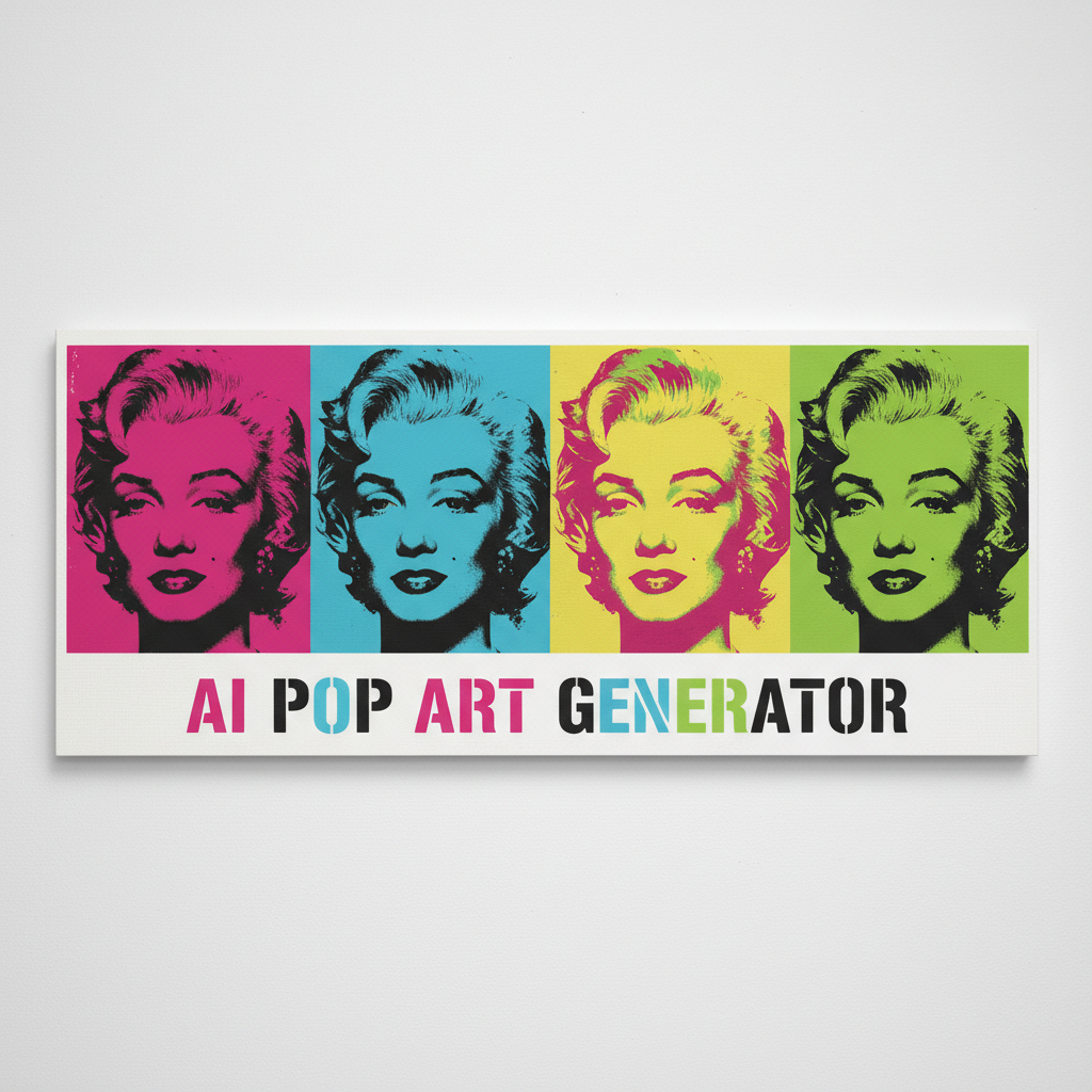 AI pop art generator hero — Warhol-inspired four-panel silkscreen portrait with hot pink, electric yellow, cyan blue, and lime green palette, halftone dots, thick black outlines, bold 1960s pop culture aesthetic