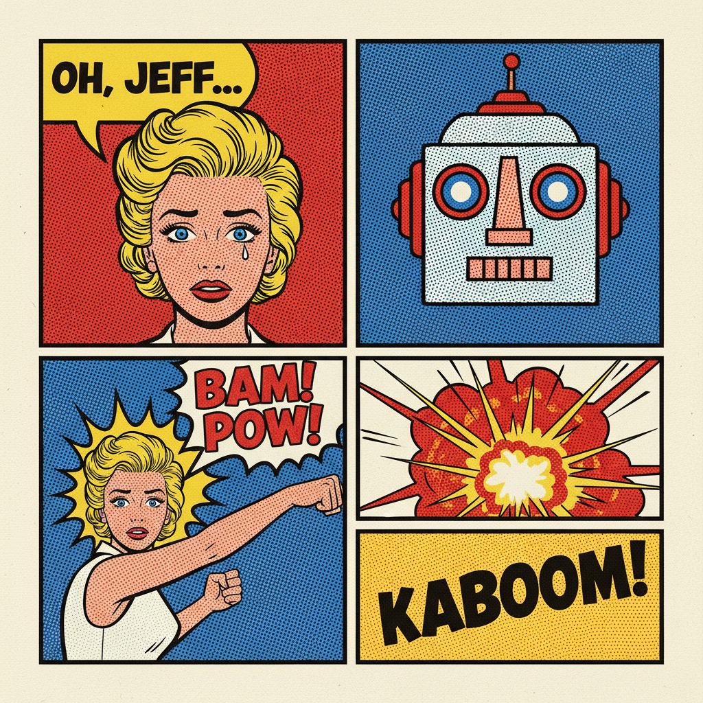 AI pop art image of Lichtenstein-inspired comic book panel with Ben-Day dot pattern background, primary red and yellow colors, thick black outlines, stylized speech bubble, vibrant 1960s pop art aesthetic