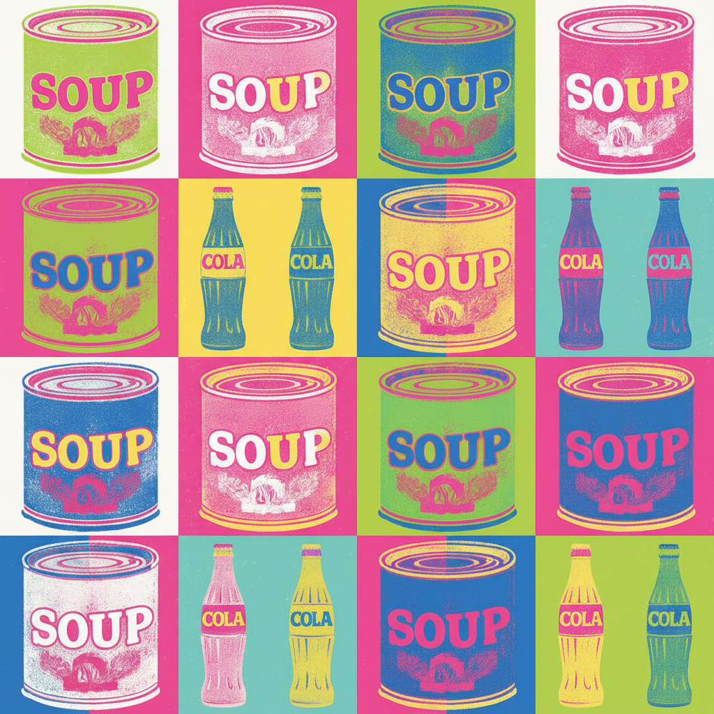 Classic pop art Campbell soup can illustration in repeating four-panel composition with bold red and white labels, vibrant primary colors, silkscreen halftone texture, retro Warhol pop culture style