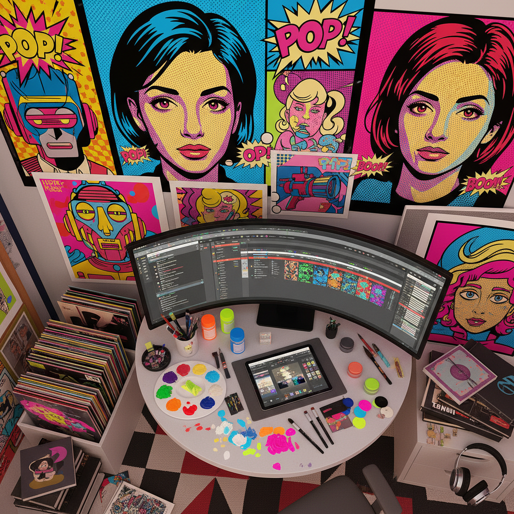 Pop art still life of vinyl records and retro radio with vibrant turquoise and orange palette, magenta accents, halftone dot texture, thick black outlines, posterized flat color blocks, geometric retro shapes