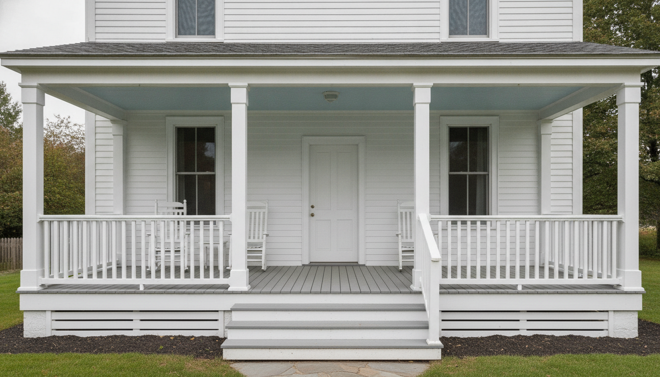 AI porch design generator result: a covered front porch running the full width of a white clapboard farmhouse, with four square white columns, a painted board floor, a white railing and a shallow shingled roof whose edge finishes cleanly below the upstairs windows. This is the cleanest frame on the page and it contains no text at all, no house number and no doormat lettering. The railing is genuinely correct, with narrow uniform baluster gaps and a top rail returning into a post at both ends. The handrail is not. It runs down the right hand side of the flight and stops dead at the bottom step instead of continuing past it, and the same thing happens again in the next image, which makes it the one visible code detail this model consistently drops. The columns also arrive as plain squares rather than the tapered ones with plinths the prompt asked for, and the ceiling light came back as a flat disc that reads more like a smoke alarm than a pendant.