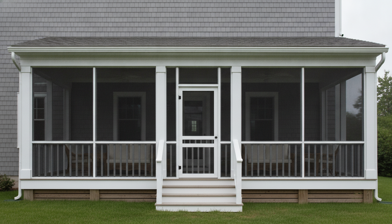 AI porch design generator result: a screened porch on the back of a grey shingled house, with fine dark insect mesh stretched taut inside white frames in every single bay and a screen door at the top of three timber steps. The screening instruction worked completely: there is no open bay, no gap and no torn panel anywhere, and the mesh darkens the interior exactly as it does in life so the wicker seating reads as a shape rather than a photograph. Nothing is visible through the mesh that should not be, and no figure appears in any pane of glass. The two stub walls flanking the steps are again the failure, because they stop at the top of the flight and give you nothing to hold onto on the way down, which is the second independent instance of a handrail that ends where a handrail is supposed to begin.