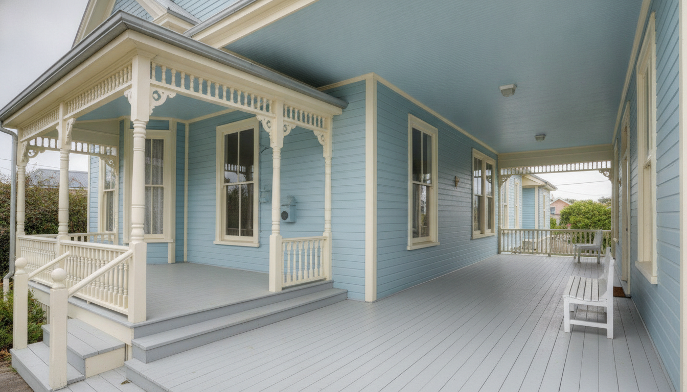 AI porch design generator result: a wraparound porch on a pale blue Victorian timber house, with turned posts, sawn brackets, a spindle railing, a pale blue beadboard ceiling and painted floor boards running in one direction. The asymmetry instruction is the win here. Every previous frame in this series came back as a mirror image, and this one has a short front run carrying the entrance steps and a long side run receding past three windows, which is what a real wraparound does. What it ignored was the camera. The prompt asked for a three quarter view from the corner of the garden and the model walked onto the porch and shot along it instead, which shows the ceiling and the floor beautifully and shows the roof, the tie-in to the wall and the whole exterior massing not at all.