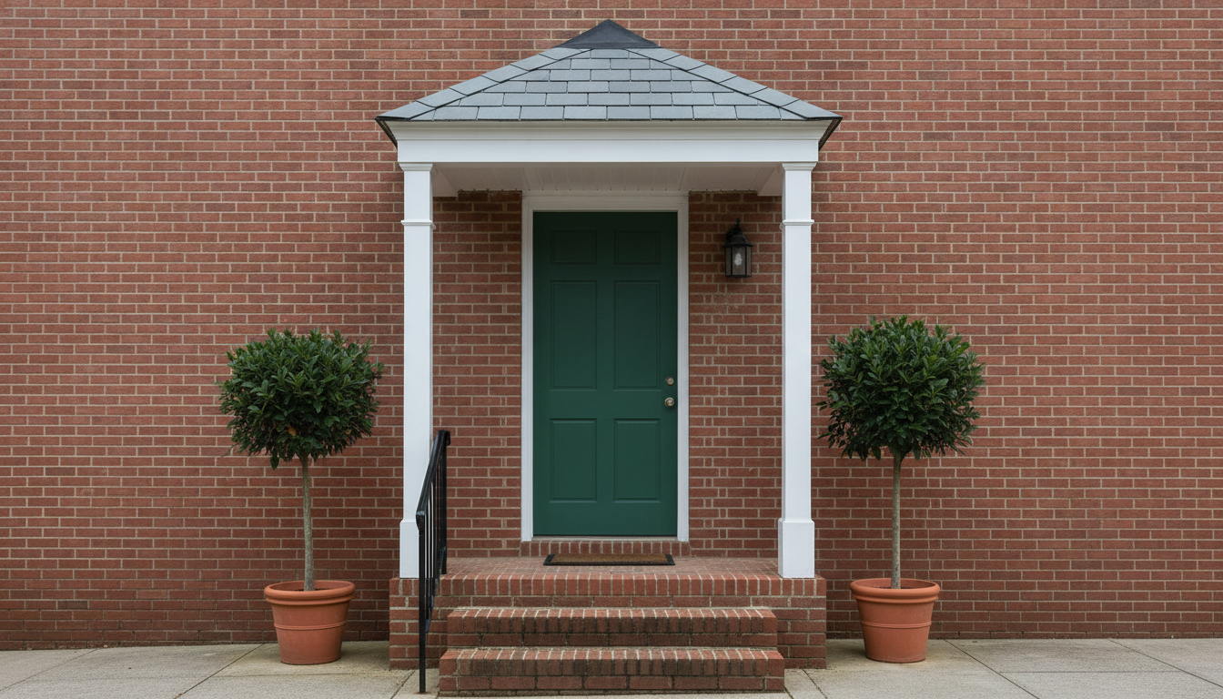 AI porch design generator result: a compact covered entrance portico over a deep green front door on a red brick townhouse, with two slim white posts, a black wall lantern, a plain unwritten doormat and two bay trees in plain terracotta pots. Every text carrier the negative listed came back blank, including the doormat and the pots, which are the two objects on a doorstep most likely to arrive carrying a word. The roof is wrong in a way worth knowing about: the prompt asked for a gable, meaning two slopes meeting in a ridge over the door, and the model built a hip with four slopes, which is a different roof and a different price. The handrail is also on the correct side and does run past the bottom step here, and then floats free at the top. The wall behind it has no windows anywhere, which no townhouse has.