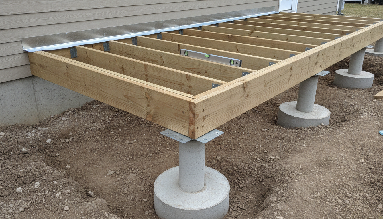 AI porch design generator result: a porch frame under construction with no floor boards laid, showing a ledger bolted to the house wall under a bright metal flashing strip, joists sitting in metal hangers, and concrete piers carrying the outer rim. This is the frame written to force the buried half into shot and it delivers the single most important detail on the whole page: the flashing is tucked up under the siding and folded down over the top edge of the ledger, exactly as it has to be. Then it proves the thesis by failing the other half. The prompt asked for the ground to be cut open so one pier was visible from top to bottom, and every pier instead sits entirely on the surface with its widened footing pad flared above the soil rather than buried below the frost line. The timber posts between beam and pier are missing altogether, so the load path skips a member.