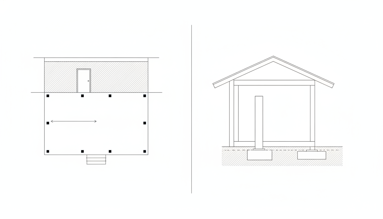 AI porch design generator result: a flat black line drawing with a porch plan on the left and a section through the structure on the right, carrying no text at all. The arc negative worked completely, which matters because the previous page in this series reported it failing: the door is a plain rectangle and there is no swing, no curve and no closed D shape anywhere. Almost everything else is wrong. The plan was asked for six posts and drew ten in a grid, four of them along the house wall where a porch has a ledger and no posts at all. The single arrow that was supposed to run from the wall to the outer edge came back horizontal with an arrowhead at each end. In the section the footings correctly sit below the dashed frost line, and then the post above them stops in mid air without reaching the floor, and the roof is drawn as a free standing gable with no house wall attached to it, so the drawing whose job was the ledger does not contain one.