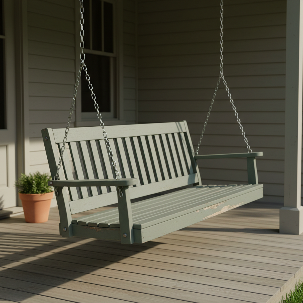 AI porch swing design generator result: a grey-green painted slat porch swing hanging on galvanised chains from a clapboard porch, the paint chipped back to bare timber along the front edge of the seat, with a terracotta pot on the deck boards to the left.