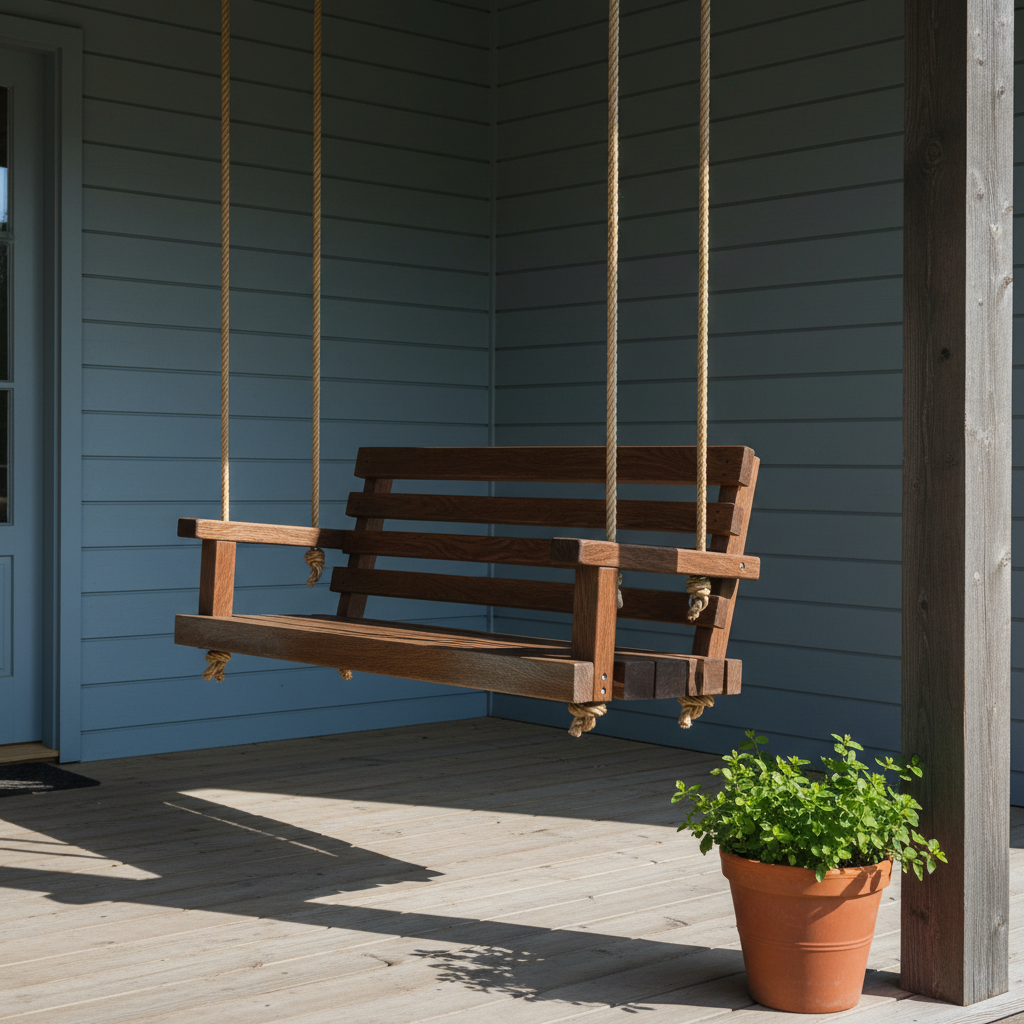 AI porch swing design generator result: a dark walnut-stained oak slab swing hanging on natural manila rope against a blue painted clapboard wall, every lap joint readable, the ropes kept clear of the backrest.