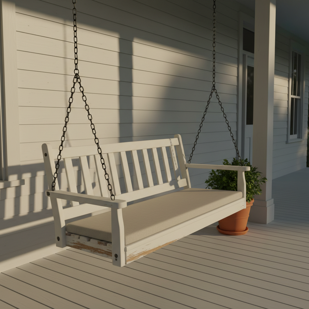 AI porch swing design generator result: a traditional white-painted farmhouse porch swing on blackened chains with a plain undyed linen cushion, the paint chipped back to bare timber along the bottom edge of the seat frame.