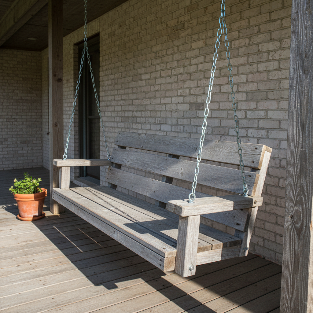 AI porch swing design generator result: a chunky reclaimed-timber porch swing in weathered silver-grey with dirt in the open grain, hanging on heavy unstamped galvanised chain against a painted brick wall with every mortar joint readable.