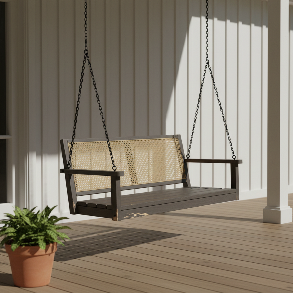 AI porch swing design generator result: a slim modern porch swing with a woven cane back panel in a charcoal-stained ash frame, hanging on black chain against vertical board-and-batten cladding.
