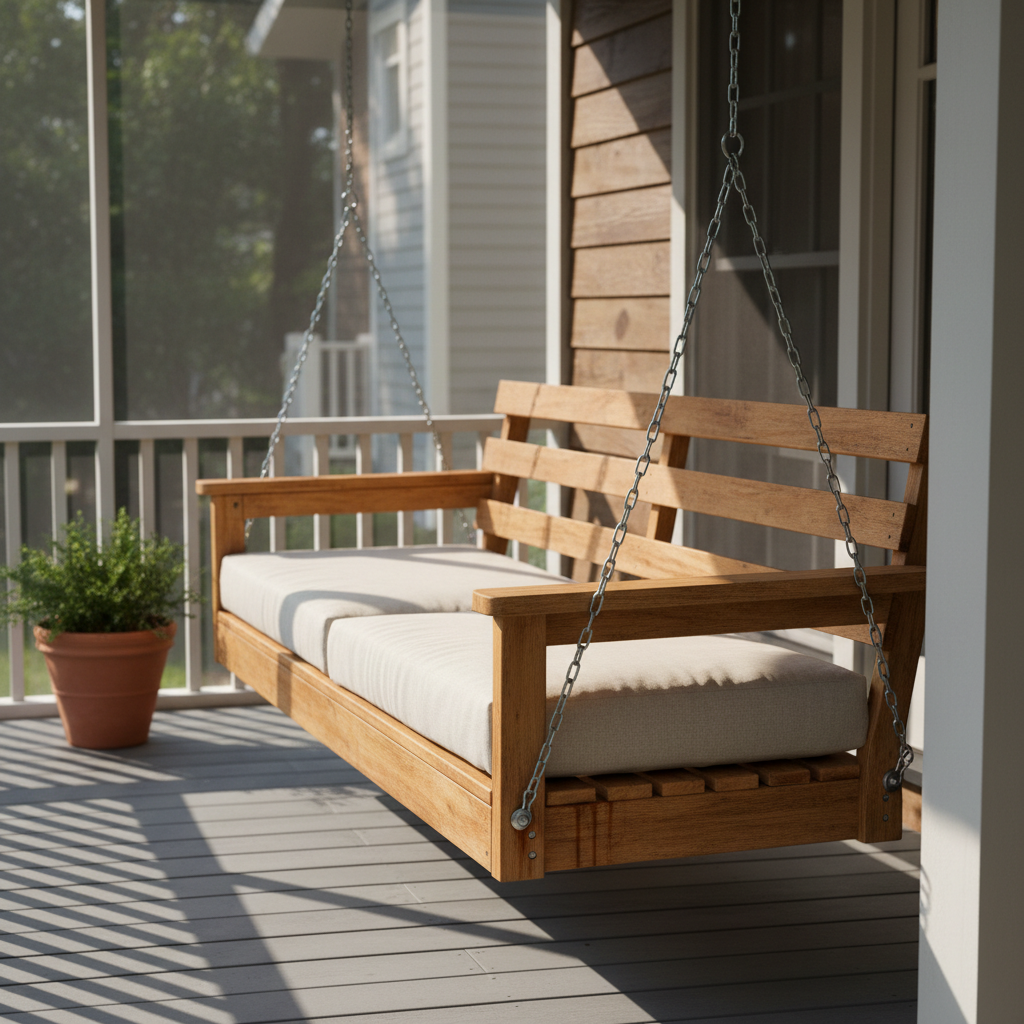 AI porch swing design generator result: a deep daybed-style porch swing in honey-brown timber with two plain undyed linen cushions, hanging on galvanised chain on a screened porch.