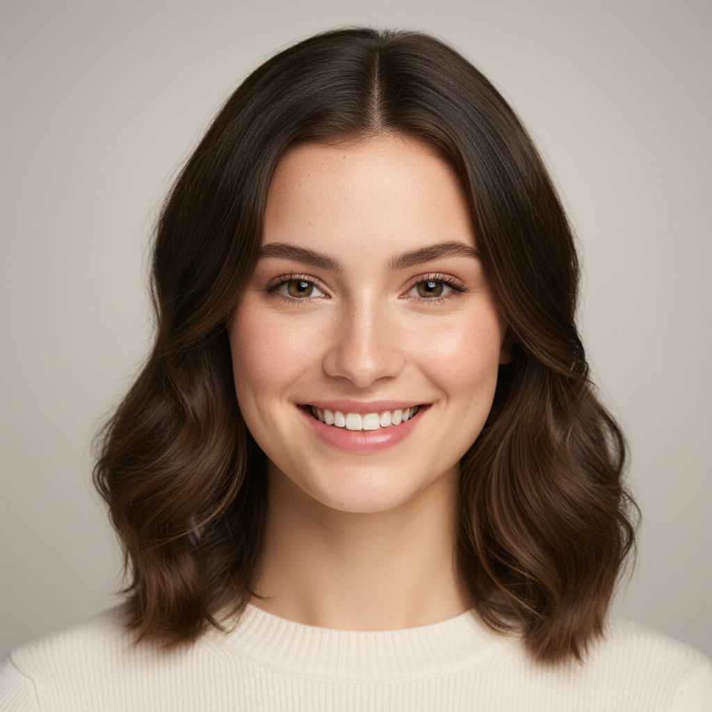 AI portrait enhancement tool result showing a smiling woman with flawless skin retouching and studio lighting