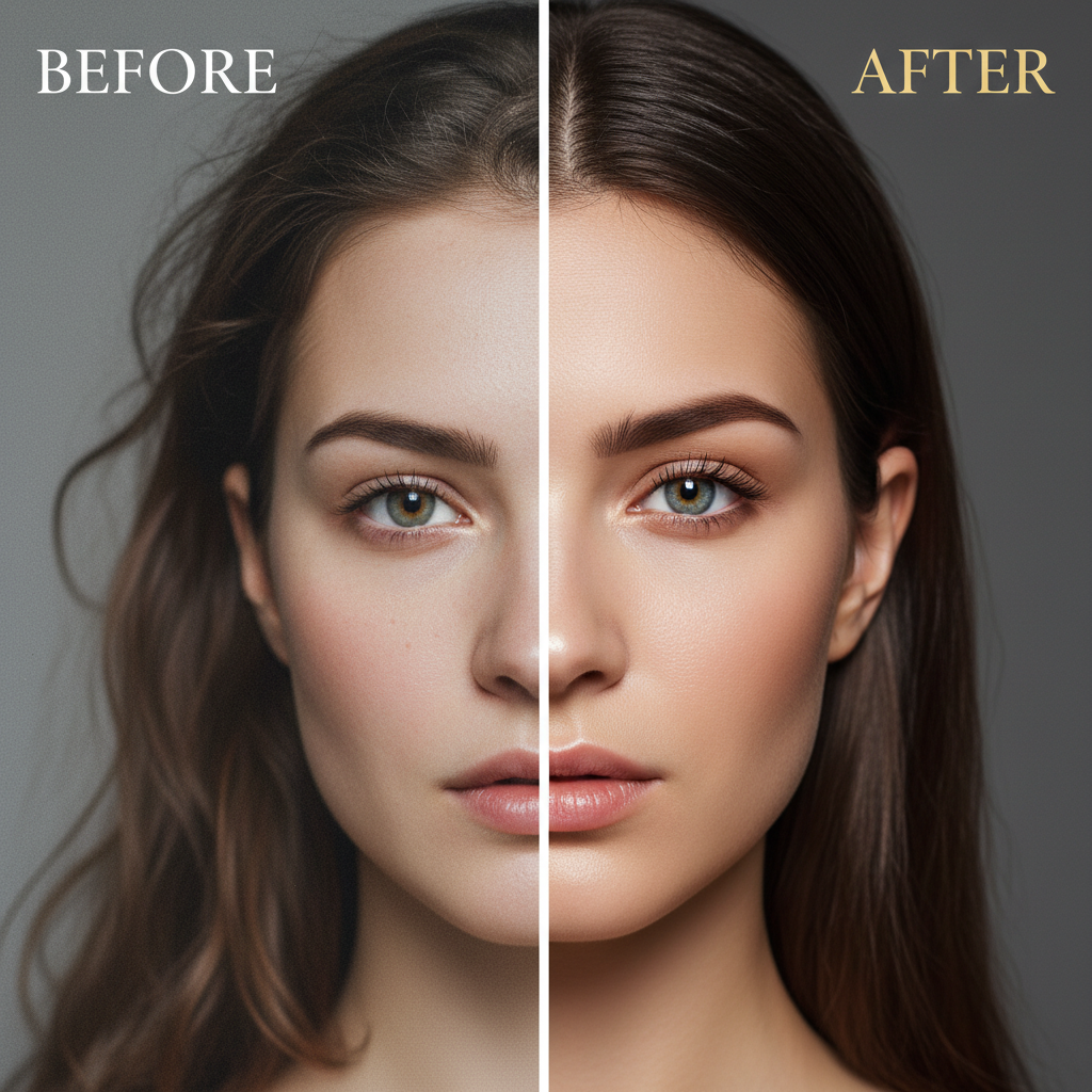 Before and after comparison from the AI portrait enhancement tool showing dramatic photo quality improvement
