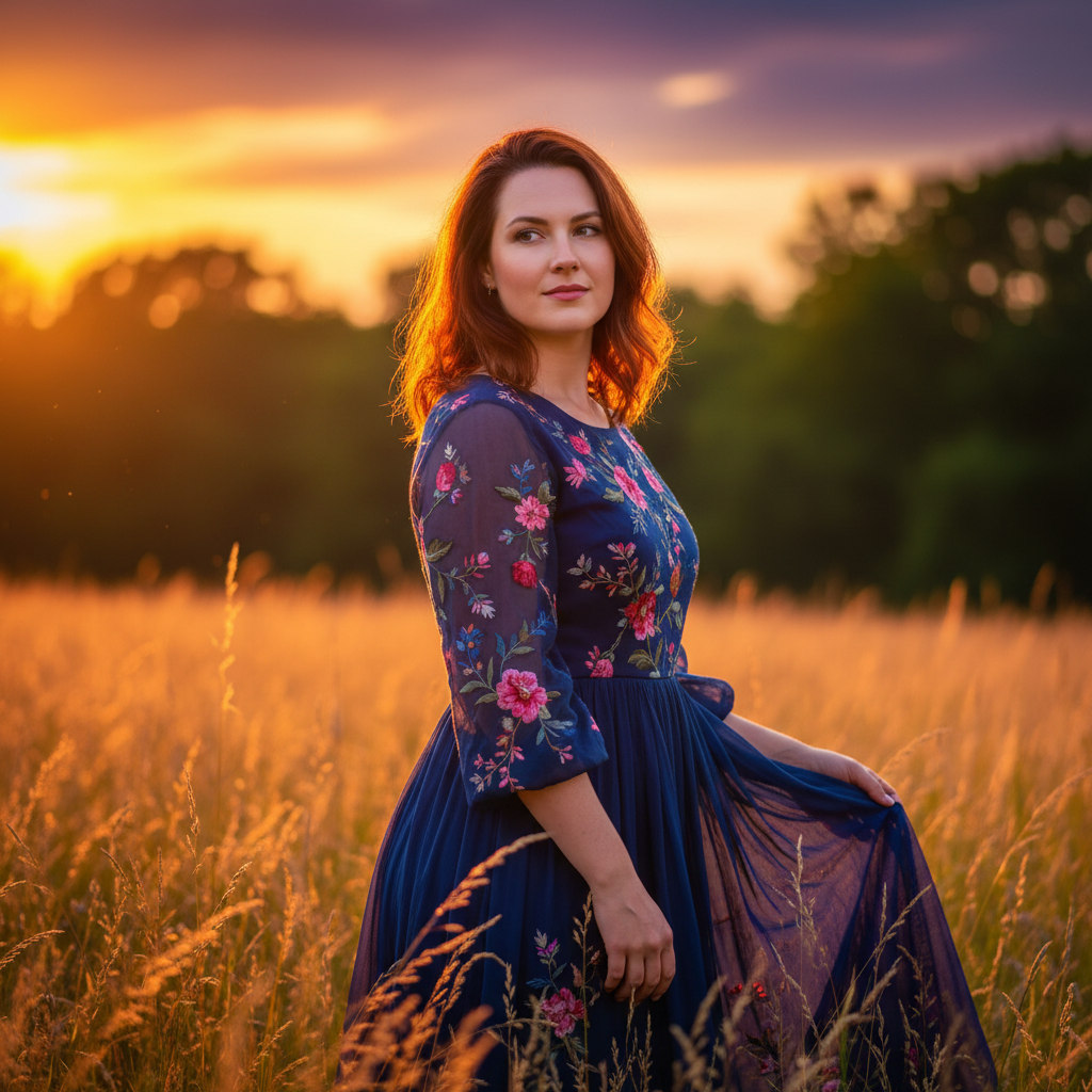 AI portrait enhancement tool outdoor portrait at golden hour with vibrant colors and enhanced sharpness