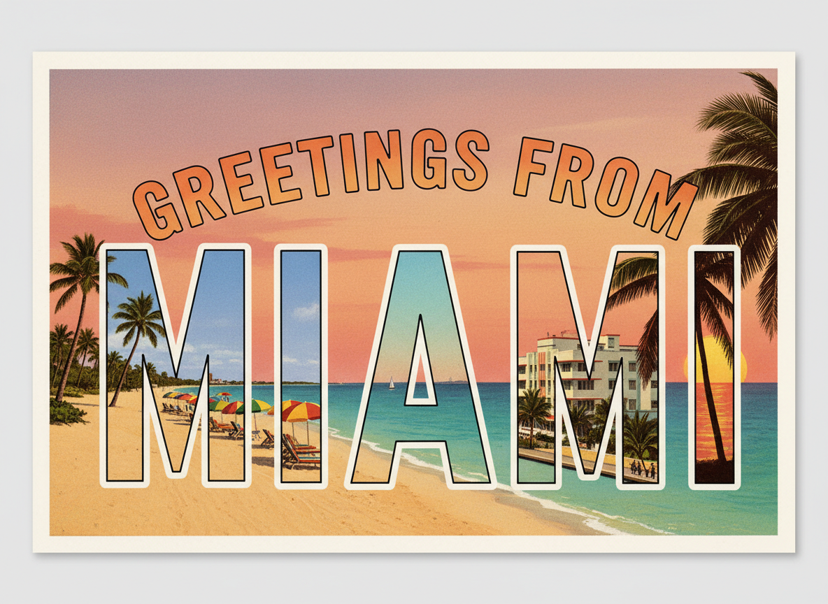 AI postcard generator result: a retro greetings-from souvenir postcard with huge outlined block capitals filled with palm trees, beach umbrellas and pastel hotels against a warm sunset sky