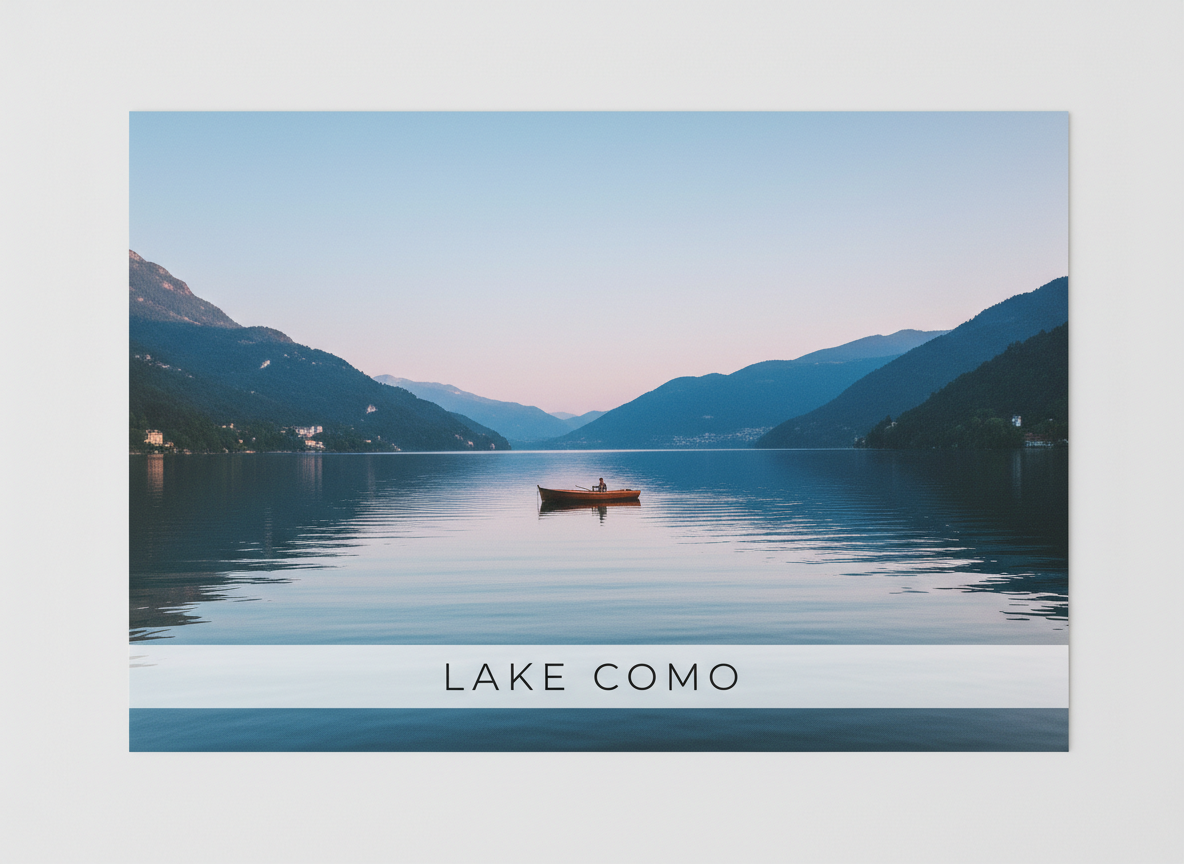 Modern travel postcard made with AI: a full-bleed photograph of a blue lake ringed by green mountains with a slim translucent bar along the bottom carrying the place name in spaced capitals
