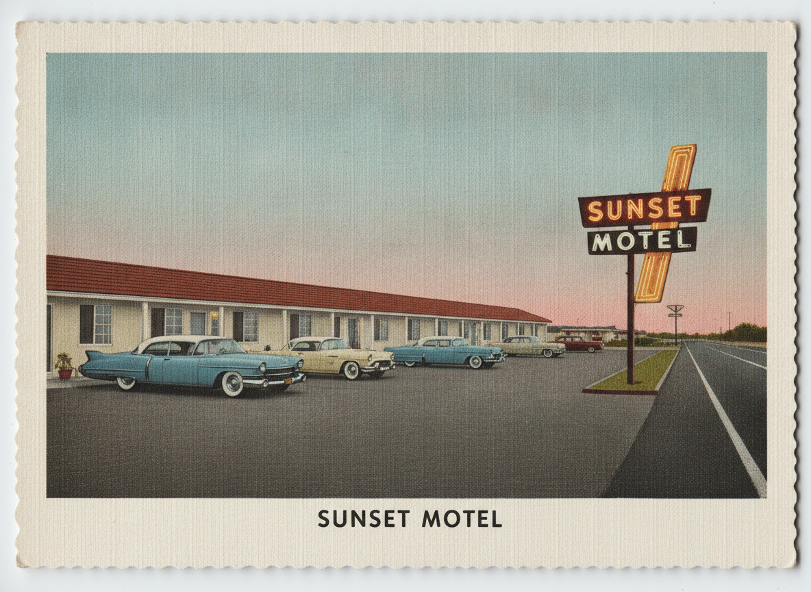 Vintage linen postcard generated by AI: a nineteen-fifties roadside motel at dusk with classic cars and a tall neon sign, printed on textured linen stock inside a white deckle border