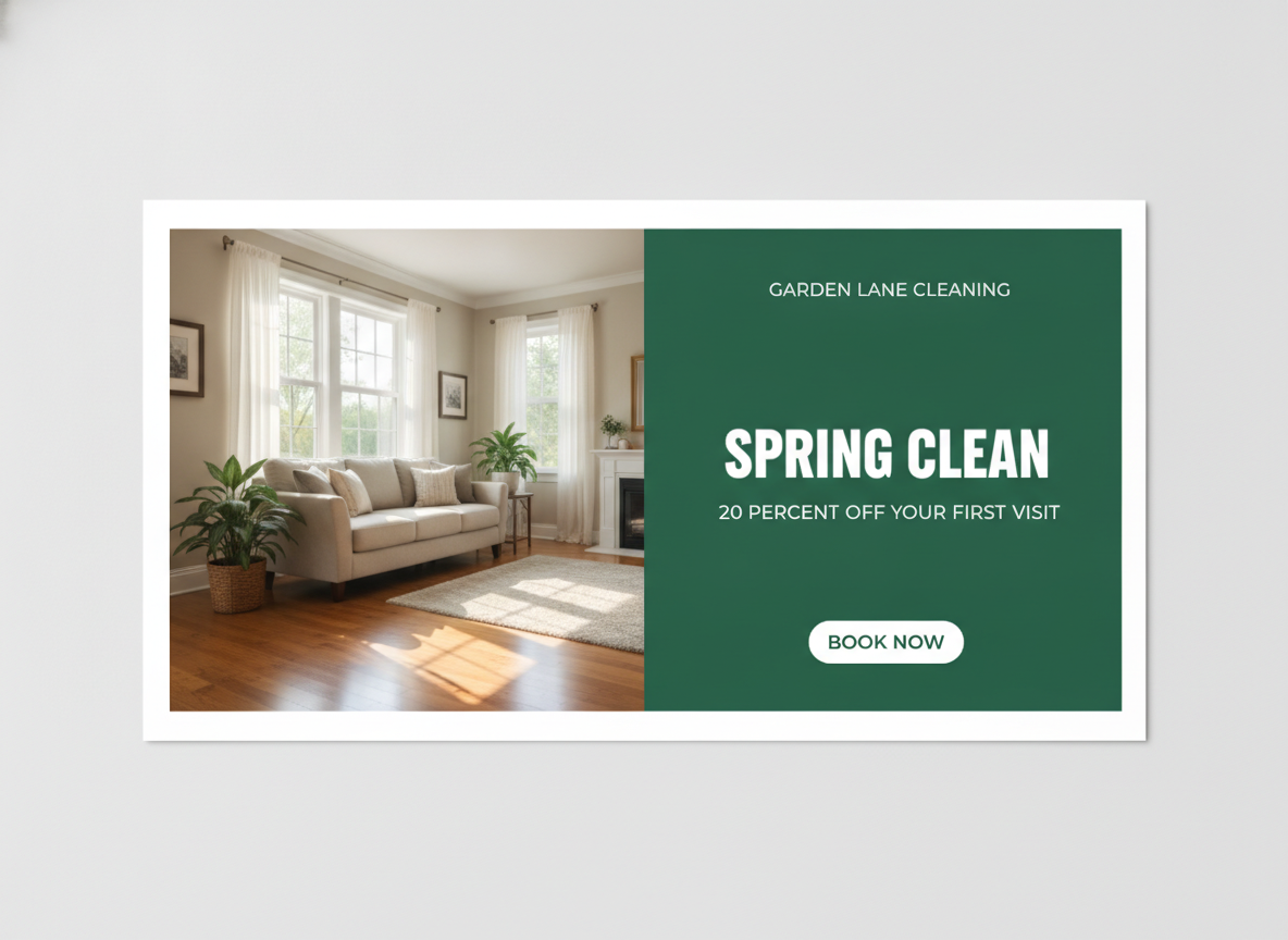 Direct-mail promotion postcard from the AI postcard generator: a bright living room photograph beside a deep green panel carrying a headline, an offer line and a book now button