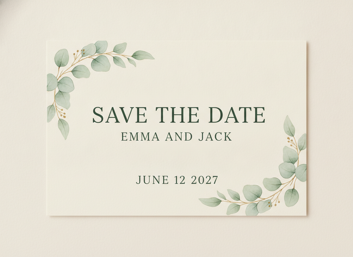 Save the date postcard designed by AI: an ivory card with eucalyptus leaf illustrations, a serif save the date heading, two names in spaced capitals and a single date line