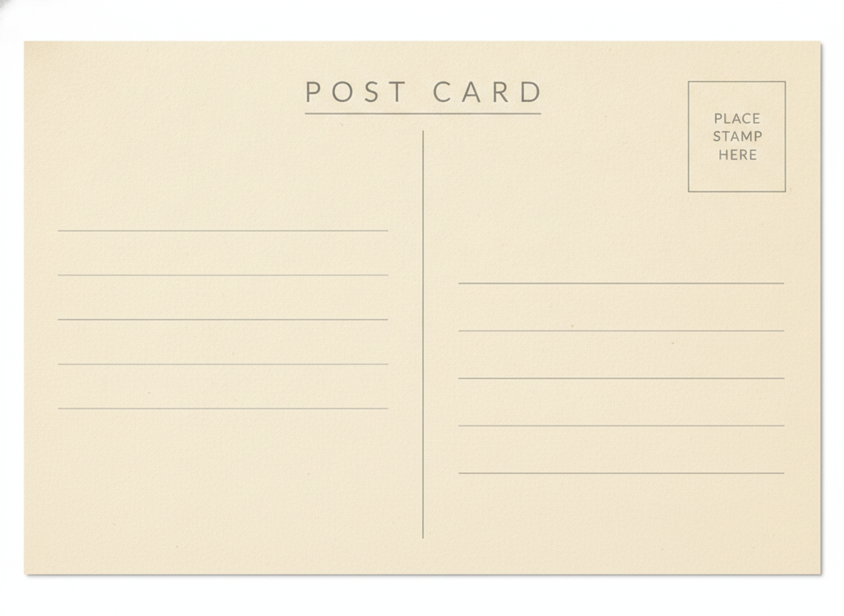 The divided back of a postcard generated by AI: a cream card with a post card heading, a central vertical rule, a blank ruled message area, blank address lines and an outlined place stamp here box