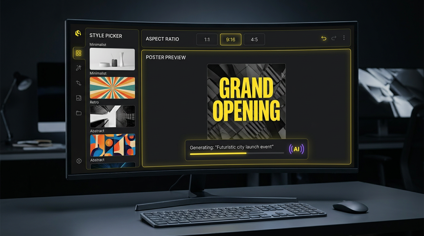 AI poster generator interface in a dark dashboard creating a bold modern poster from a text prompt, with a style picker sidebar, aspect ratio toolbar and a large preview of a finished poster reading GRAND OPENING