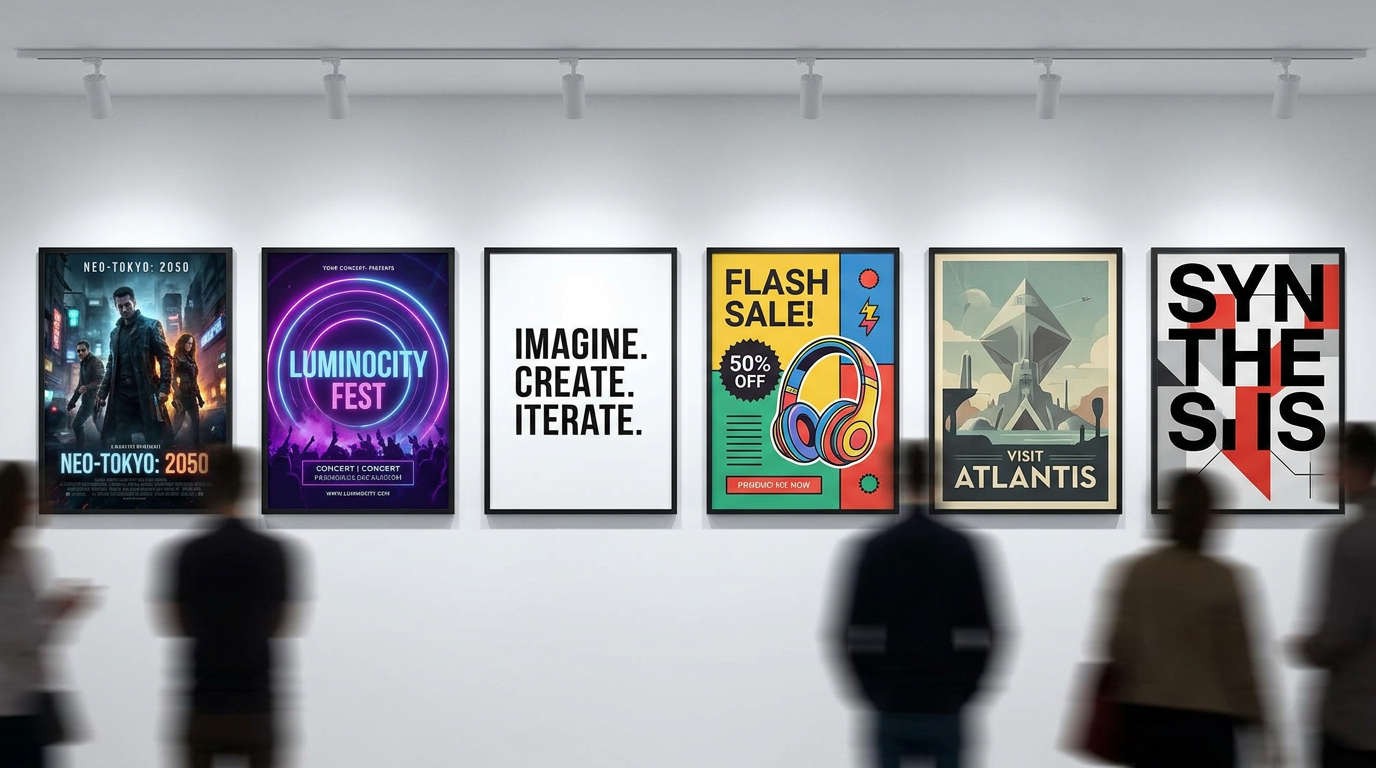 Gallery wall displaying six different AI-generated posters side by side — a cinematic movie poster, a neon concert event poster, a minimalist motivational quote poster, a product sale poster, a vintage travel poster and a clean typographic art poster