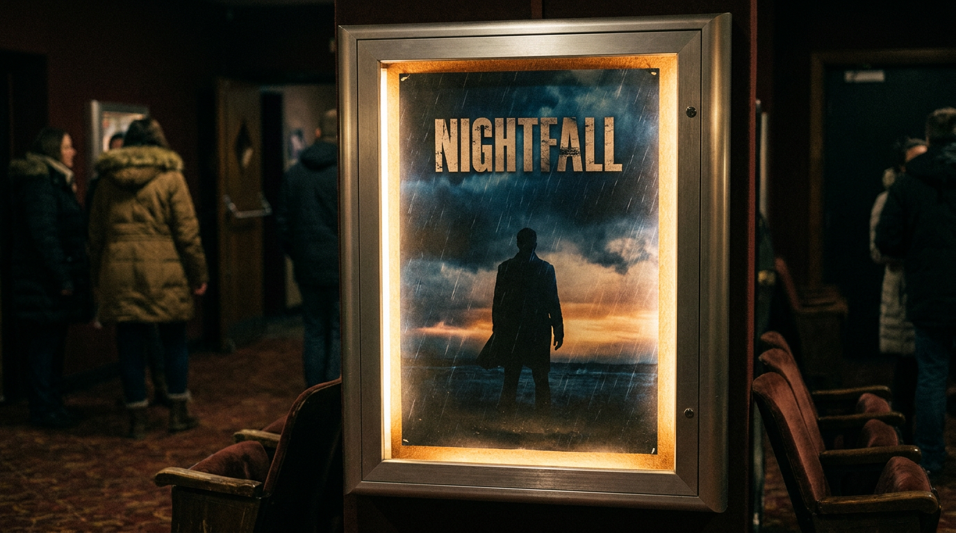 A dramatic cinematic movie-style poster generated by AI, mounted in a backlit cinema lightbox with bold title typography reading NIGHTFALL, moody atmospheric lighting and a lone figure silhouette