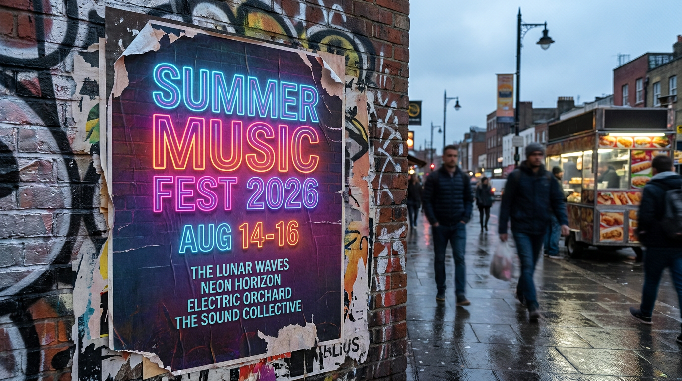 A vibrant AI-generated concert event poster pasted on a textured brick city wall, bold neon typography reading SUMMER MUSIC FEST 2026 with crisply rendered date and lineup text