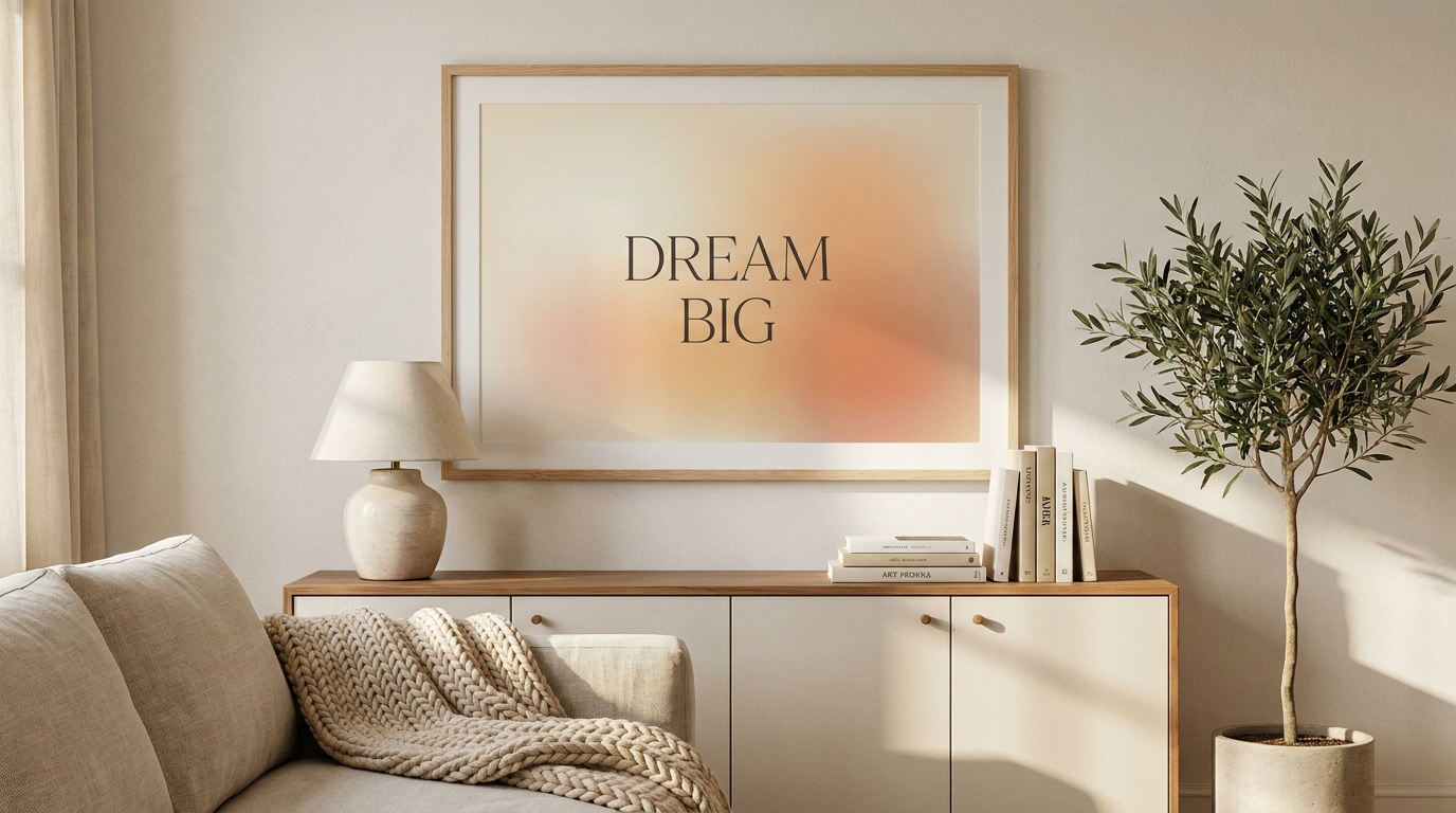 An elegant AI-generated motivational quote poster framed on a styled living-room wall, refined serif typography reading DREAM BIG over a soft warm gradient background