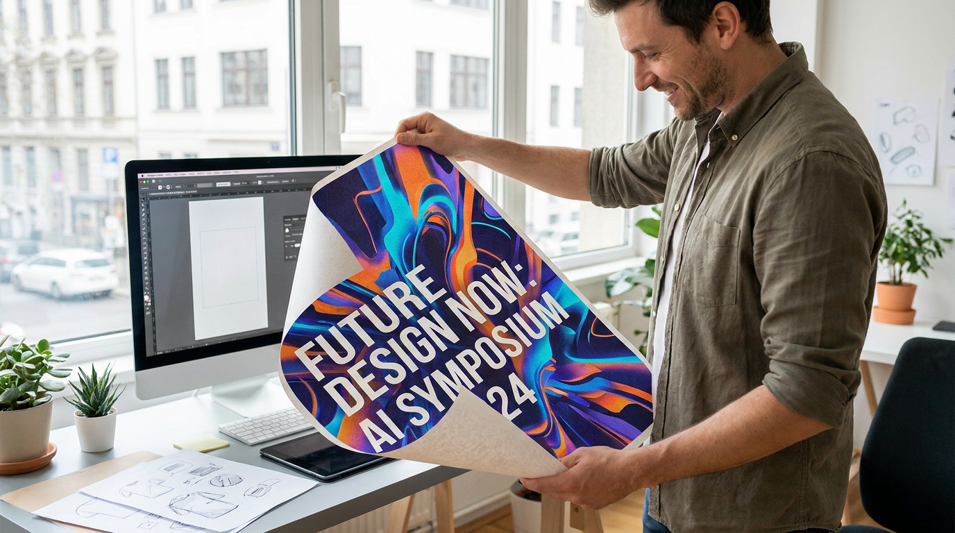 A graphic designer holding a freshly printed large-format AI-generated event poster in a bright modern studio, the poster showing a bold colorful design with crisp headline text