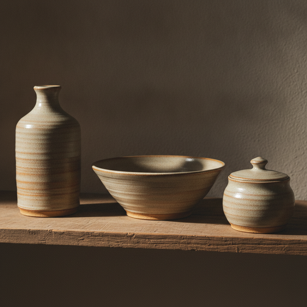 AI pottery design generator result: a tall bottle, a wide low bowl and a small lidded jar on a studio shelf, all in one satin oatmeal glaze that thins to warm ochre over every spiral throwing ring and along each rim, with the feet left as bare sandy clay