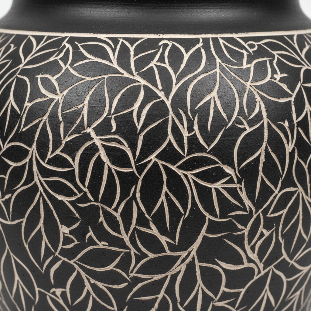 A thrown jar coated in matte black slip and carved through to the pale clay beneath: dense leaves and stems in continuous single-width lines with no shading anywhere, because carving through slip cannot make a gradient