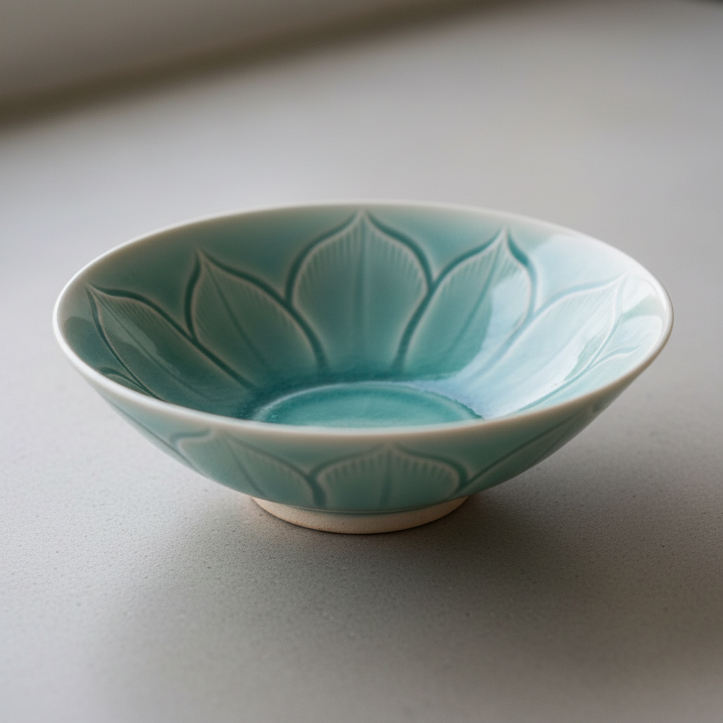 A shallow celadon bowl with lotus petals carved under the glaze, where the pale blue-green has run off the raised areas and collected darker in every carved line and pooled deepest in the well — on a glazed pot the form draws the pattern, not the brush