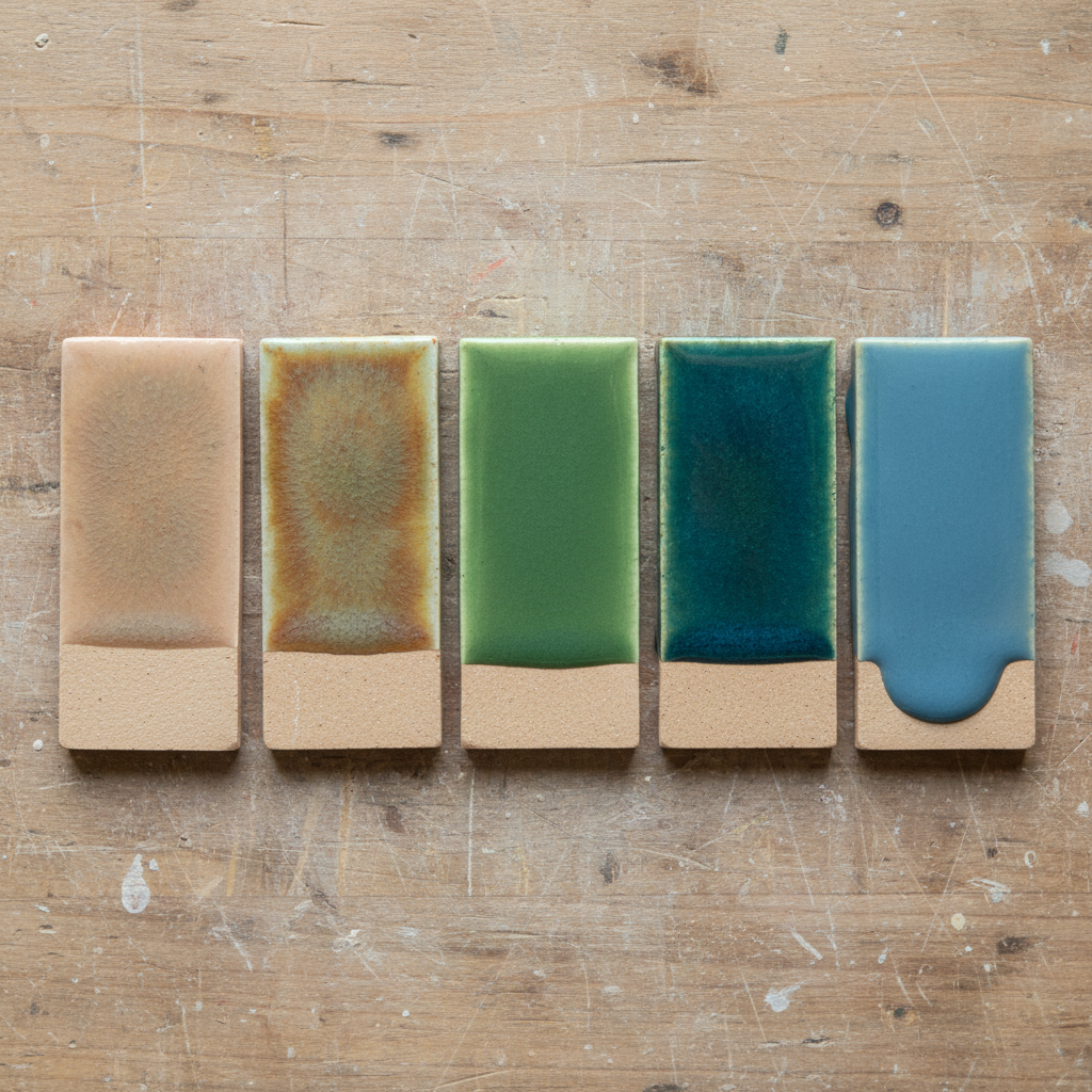 Five glaze test tiles in a row carrying the same glaze thinnest to thickest: dry translucent tan, crazed amber-olive, glossy green, deep teal, then an opaque blue thick enough to run down over the bare clay in a bead — why a rendered glaze colour is a target and not a recipe