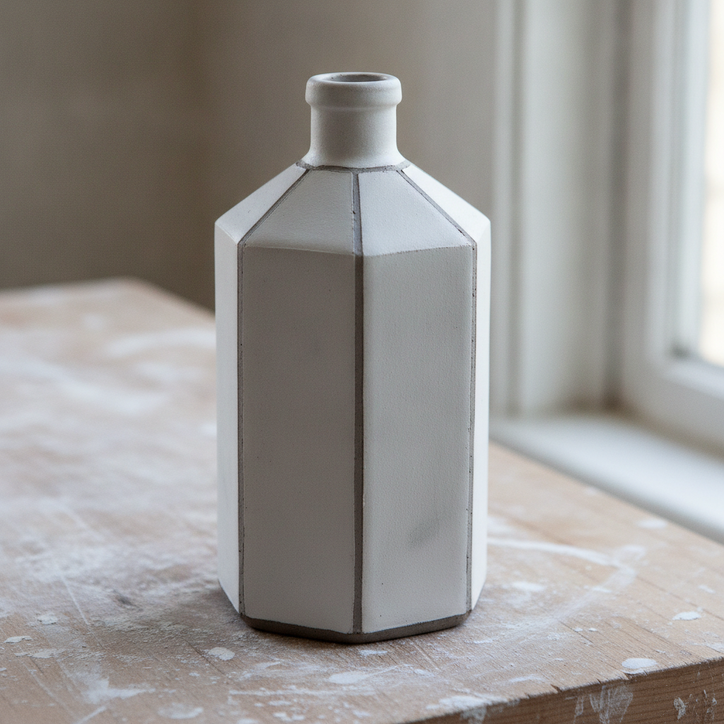 A hand-built slab bottle with six flat facets and fine grey seams under a chalky matte white glaze, its only round element the small thrown neck added on top — the form a wheel cannot produce