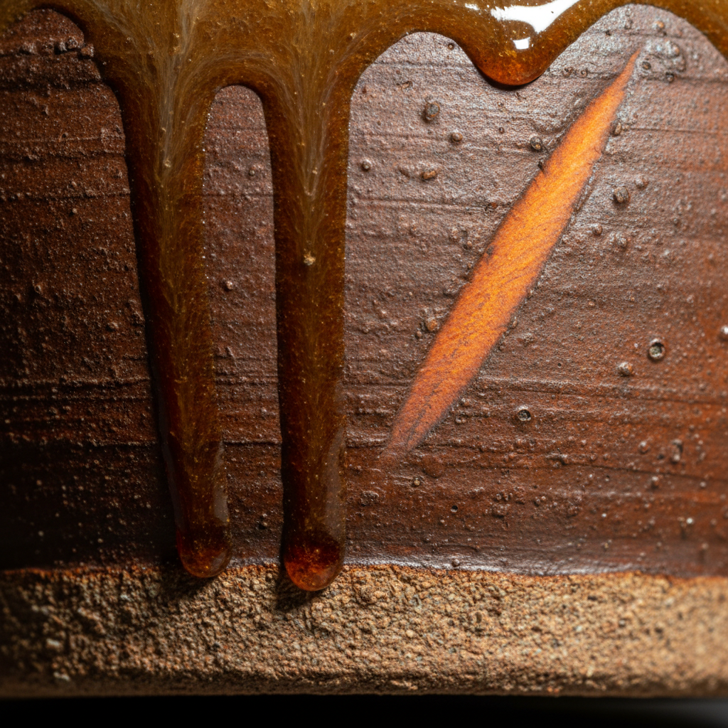 Extreme macro of a wood-fired jar cropped so tight the vessel is unreadable as a pot: amber ash glaze in thick rivulets stopping just short of a gritty unglazed foot, one bright orange flame flash across bare clay, melted ash specks scattered over the surface — a finish the kiln decides, not the designer