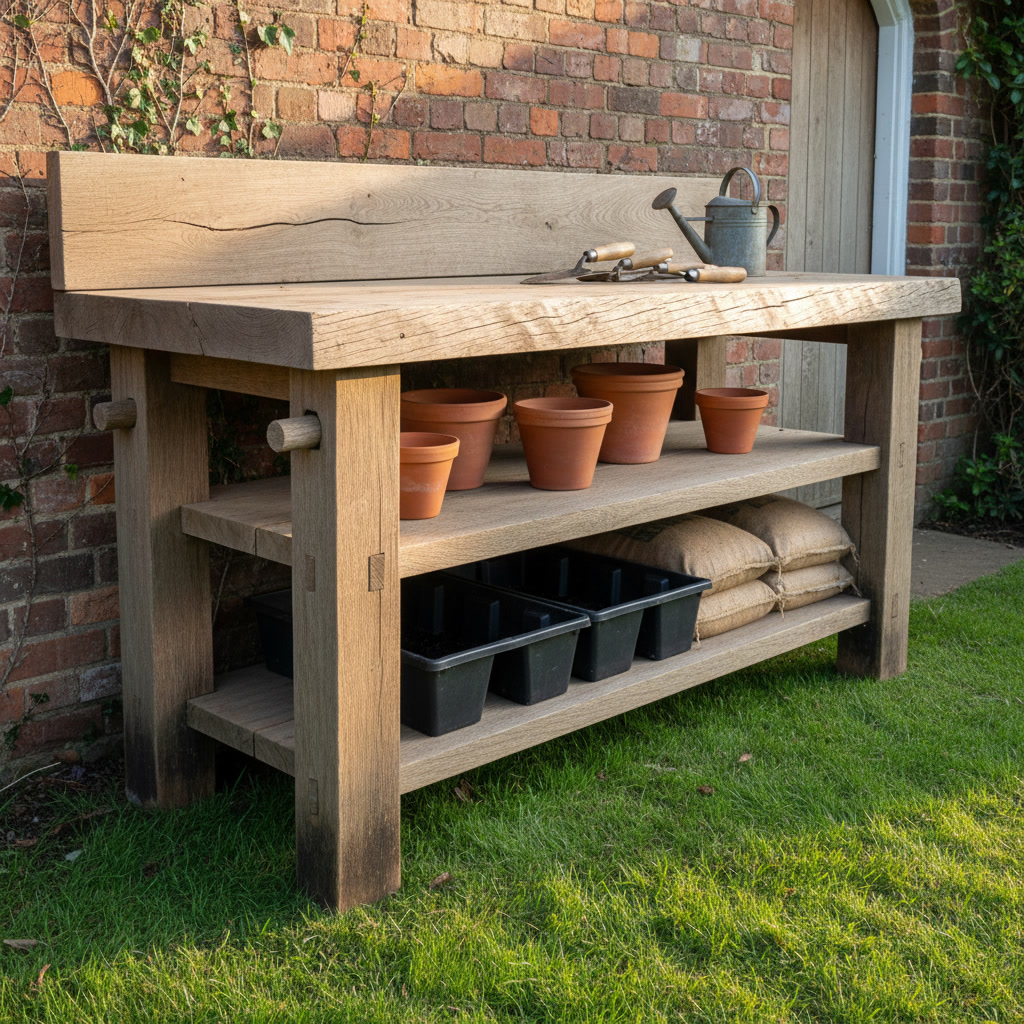 AI potting bench design generator result: a classic potting bench in heavily weathered oak on mown grass against an old red brick garden wall, a thick oak slab worktop over two open shelves, the front legs greyed dark where they meet the grass, in low warm afternoon light from the left.