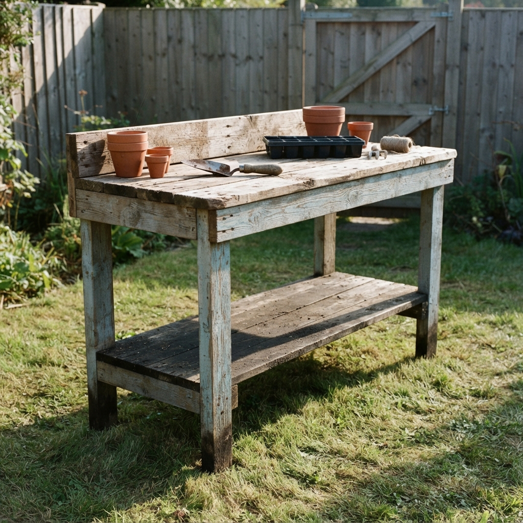 AI potting bench design generator result: a potting bench built from reclaimed scaffold boards of mismatched widths, ancient pale blue paint surviving only in the grain of the legs and worn off the raised parts, standing on grass in front of a close-boarded timber fence.