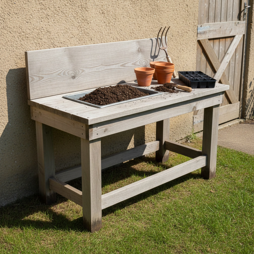 AI potting bench design generator result: a weathered larch potting bench with an open metal soil trough let into a hole cut through the worktop, its rim proud of the timber and dark compost heaped above the rim, standing on grass beside a rendered garden wall.