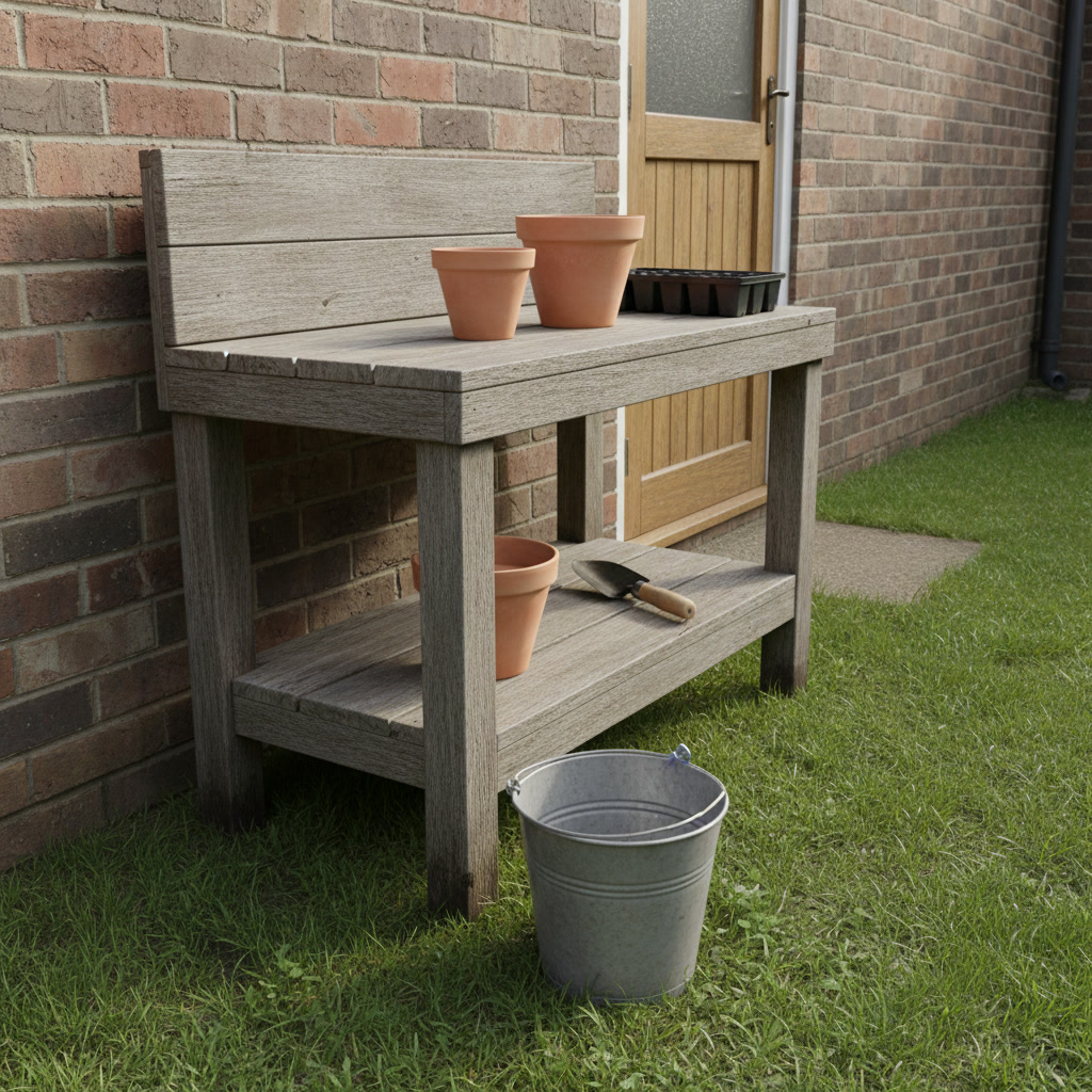 AI potting bench design generator result: a small compact potting bench of weathered softwood on grass in a narrow town garden, with a plain galvanised bucket standing in front of the near leg at the same height as the lower shelf to show how low the bench is.