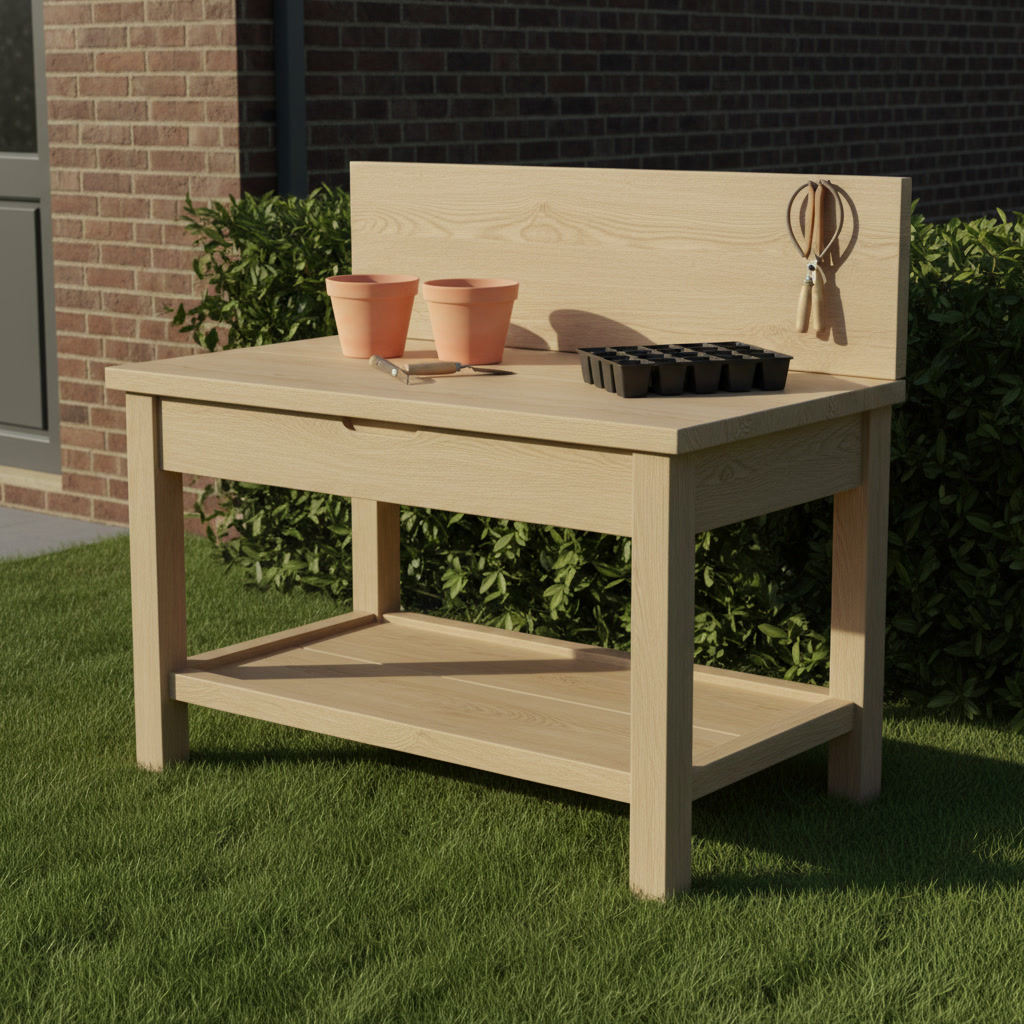 AI potting bench design generator result: a modern minimalist potting bench in pale oak with four square straight legs and a single wide drawer under the worktop, standing on mown grass beside a clipped box hedge with a brick house wall behind.